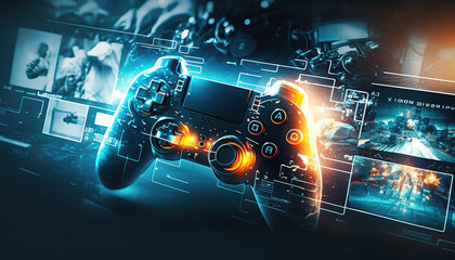 Video game concept horizontal banner. Generative AI illustration.