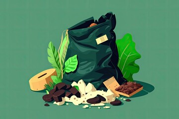 Garbage from a kitchen is collected and placed in a paper eco bag, which is then placed on a green background. Compost container. Maintainable ways of living. Waste products such as fruit and vegetabl