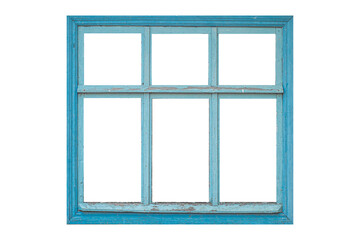 Old big blue wooden window frame with six sashes isolated on white background.