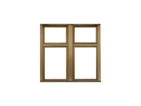 Modern brass of anodized aluminium window frame with four sashes isolated on white background.