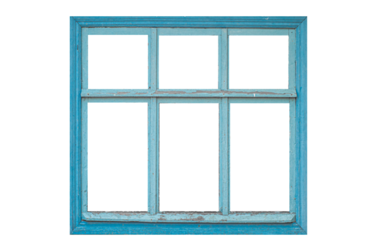 Old big blue wooden window frame with six sashes isolated on white background.