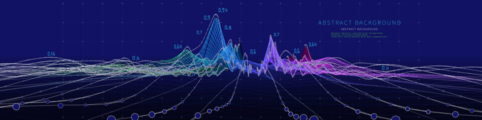 Abstract background contain wireframe wavy graph with data and dots dark blue. Technology polygonal concept in web virtual space. Big Data. Banner for business, science and technology data analytics.