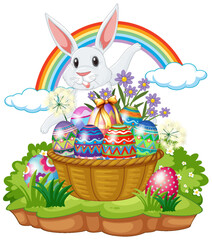 Cute bunny with easter eggs in basket