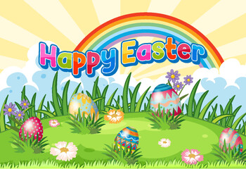 Happy Easter Day Poster with Colorful Eggs in a Grassy Field