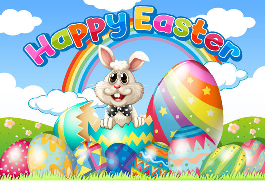 Happy Easter Day Poster with Colorful Eggs and Cute Bunny