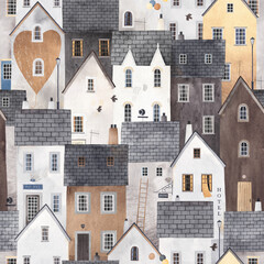 Abstract seamless pattern with houses. Watercolor background. Perfect for fabric, textile, wallpaper, kindergarten. Old city.
