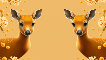 A banner with a deer cub on the left and right on a light brown background, spring concept, Generative AI