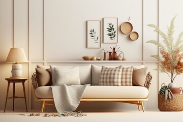 Mockup of a living room's interior wall in cozy, earthy tones, featuring a beige linen sofa, pillows, plaid, dried grass, and a woven basket table, all against a white wall. Generative AI