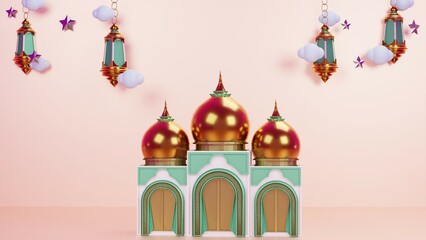 a background to celebrate Eid al-Fitr in pink with a mosque symbol and a chandelier
