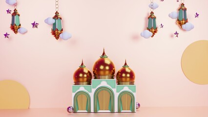 a background to celebrate Eid al-Fitr in pink with a mosque symbol and a chandelier

