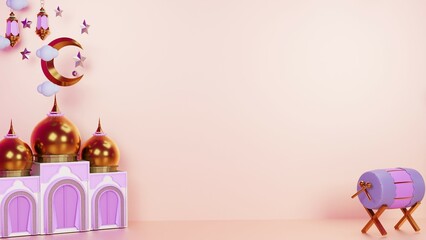 a background to celebrate Eid al-Fitr in pink with a picture of a mosque equipped with a drum and a crescent-shaped chandelier
