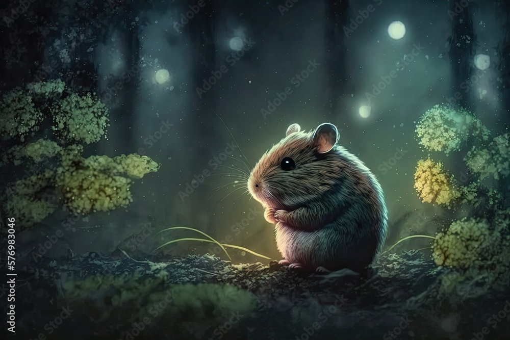 Poster poor rodent in the forest. bokeh and a forested landscape. generative ai