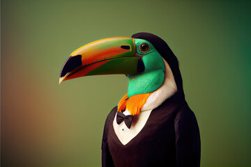 Generative AI illustration of wild parrot in black dinner jacket very elegant, portrait