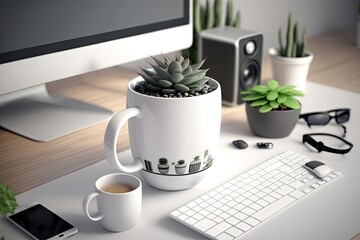 Mockup of a white coffee mug on a contemporary desk adorned with electronic devices and decorative elements like a succulent plant. Generative AI