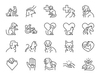 Pet therapy icon set. It included icons such as animal-assisted, mental, health, medical, rescue dog, clinic, and more.