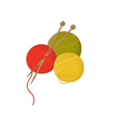 Red, green and yellow knitting wool with wooden needles isolated on white background. Cartoon vector illustration.