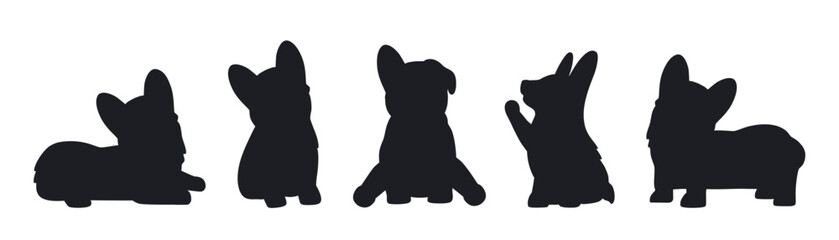 Set of black silhouettes of corgi puppies. Little pet animals in different poses. Hand drawn vector illustration isolated on white background, modern flat cartoon style