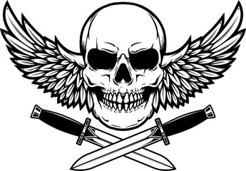 Illustration of the skull with crossed knives and wings. Design element for logo, label, sign, emblem. Vector illustration