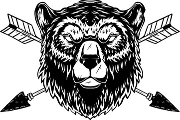 Illustration of the bear head with crossed arrows. Design element for logo, label, sign, emblem. Vector illustration