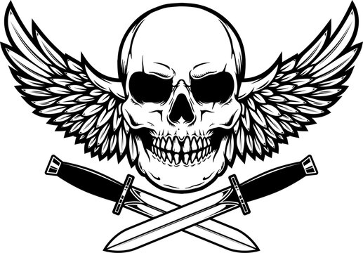Illustration of the skull with crossed knives and wings. Design element for logo, label, sign, emblem. Vector illustration