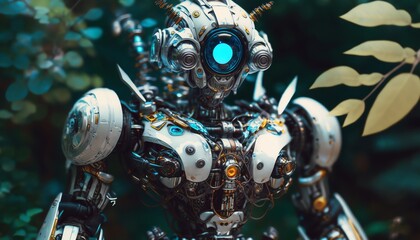 Serene Ambiance in Portrait of Cute Robot in Futuristic Garden. Generative AI.