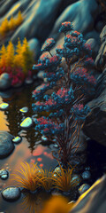 Mountain Landscape,  landscape with mountains, plants and water.Generative AI