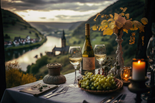 A beautiful table setting featuring a selection of premium wines with Portugal Douro Vineyards at background AI Generative