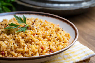 Bulgur pilaf with quinoa, food concept photo. Turkish name; kinoali bulgur pilavi