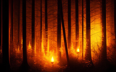 Mystic night forest with shining light. Generative Al Illustration