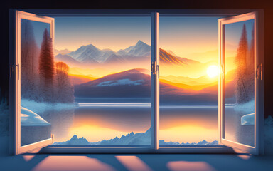 View to the window on winter landscape. Generative Al Illustration.