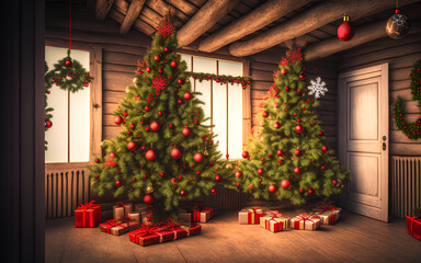 Fototapeta na wymiar Christmas tree with gifts underneath in cozy domestic interior. Generative Al Illustration