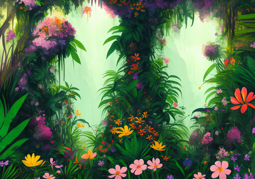 Mystic scenery in rainforest with shining light. Generative Al Illustration