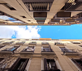 View of the town.Building in the city.Facade of a building in the center of the old town. Madrid, Spain.