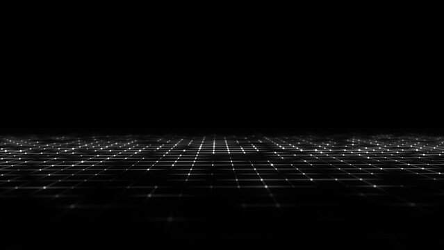 Abstract technology perspective grid. Detailed wireframe landscape with white lines on black background. Digital space with mesh. 3d rendering.