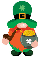 St Patrick s Day gnome is smoking pipe and holding a pot full of gold coins