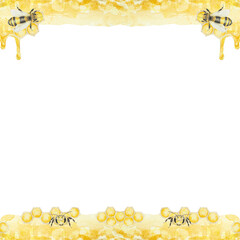 Watercolor hand drawn frame of bees and honey isolated on white background