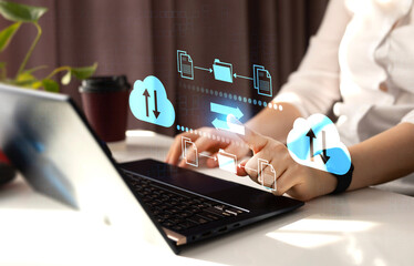 Exchange information and data with internet cloud technology.FTP(File Transfer Protocol) files receiver and computer backup copy. File sharing isometric. 
