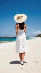 A young girl dressed in a white dress and hat stands with her back on the shore of a tropical island. Unrecognizable face. Generative AI.