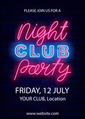Night club party neon flyer. Vertical poster template. Glowing invitation on brick wall. Vector stock illustration