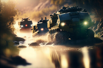 Futuristic army convoy traveling through a river. Generative AI