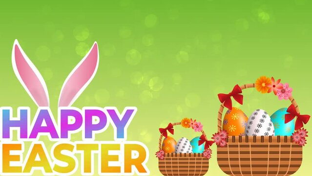 happy Easter greeting with Swinging bunny ears and beautiful decorated Easter basket