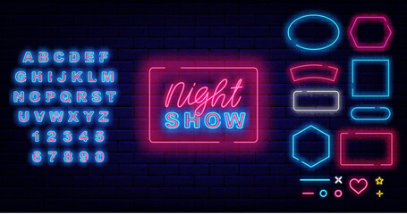 Night show neon label. Evening performance flyer. Luminous turquoise alphabet. Vector stock illustration