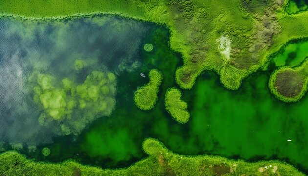 A large, bright green algae bloom is seen in a body of water. Generative AI