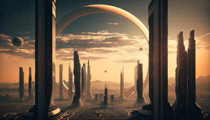 Artificial Intelligence on Planet Saturn, A sleek and modern cityscape built entirely by robots Generative AI