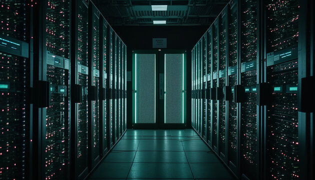 A high-tech data center with rows and rows of server racks, each with blinking lights and a hum of activity Generative AI