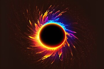 An abstract background like a total solar eclipse with a multicolored glow of swirling colored rays in a circle. Generative AI illustration. - obrazy, fototapety, plakaty