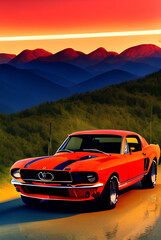 Obraz na płótnie Canvas red mustang,American muscle car on a winding country road with mountains and sunset in the background