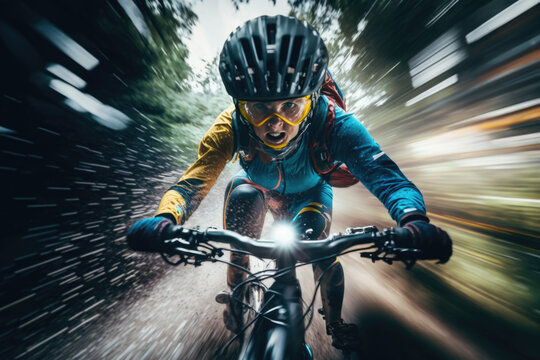 Woman riding a mountain_bike, the Thrilling Adventure of Riding a Mountain Bike through Breathtaking Trails BTT AI Generative