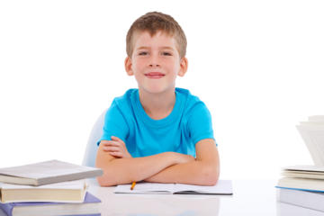 A diligent student sits at his desk, eager to learn and study as he pursues his education, while isolated on a PNG background.