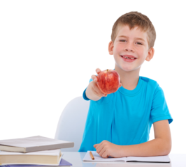 A young student boy enjoys a healthy snack of an apple while working hard to complete his math homework, and proudly shows it off to the camera while isolated on a PNG background.